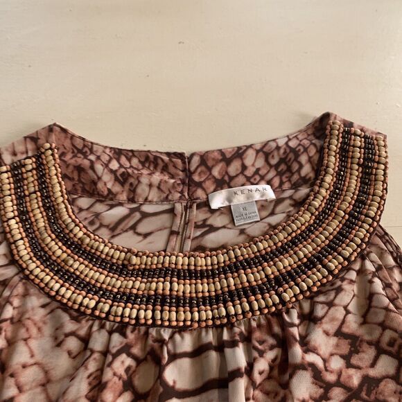 Kenar Sleeveless Top Brown Snakeskin Print Heavily Wood Beaded Neckline XL - Picture 4 of 9